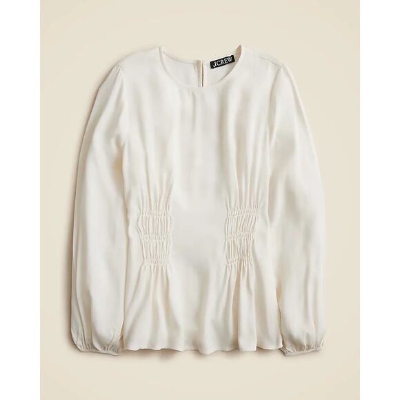 J. Crew Shirred Waist Viscose Crepe Long Sleeve Top Cream Sz 12 Peasant - Picture 1 of 7